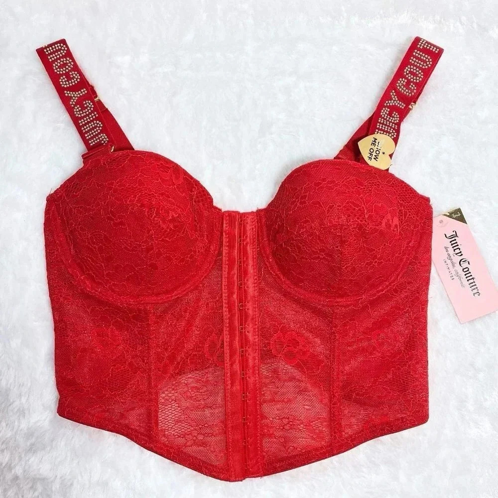 Juicy Couture Red Lace Sexy Bustier Convertible Strapless Bra Top 34B NWT - Picture 3 of 7